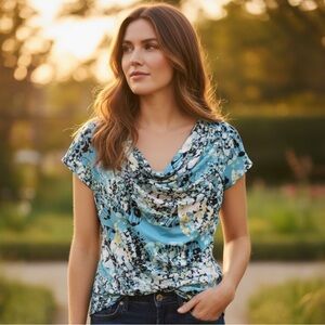 Worthington Blue Floral Cowl-Neck Tunic Low Cut Y2K Boho Style Blouse